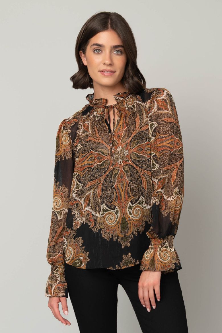 Black/Orange Lurex Front Tie Peasant Top