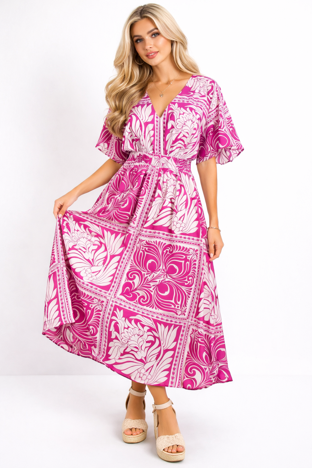 Botanical Print V-Neck Elbow Sleeve Midi Dress