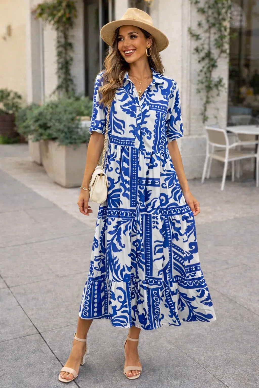 blue floral tiered maxi dress – La Boutique Color:Ivory / Black Janelle Jean Jacket in AL:2426tues Provence bloom Plunge neckline for a