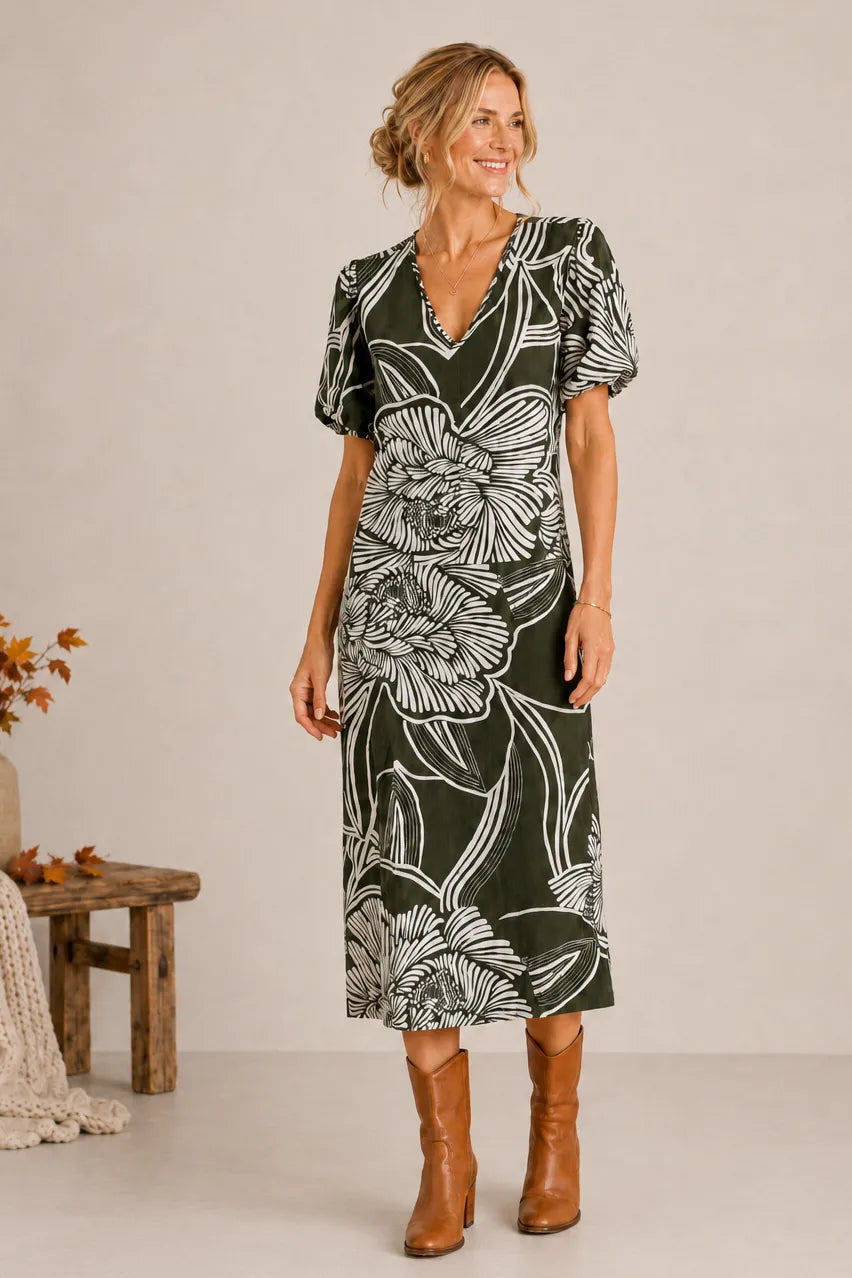 Puff Sleeve V-Neck Midi Dress