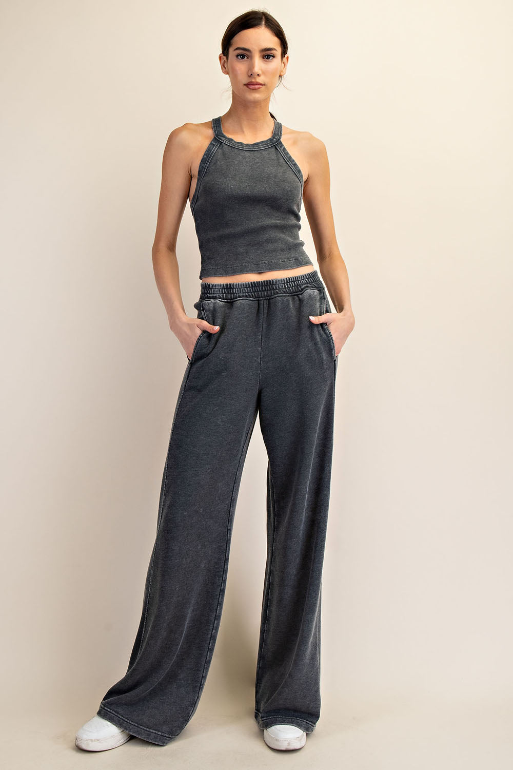 MINERAL WASHED RIBBED SIDE WIDE PANT BLACK