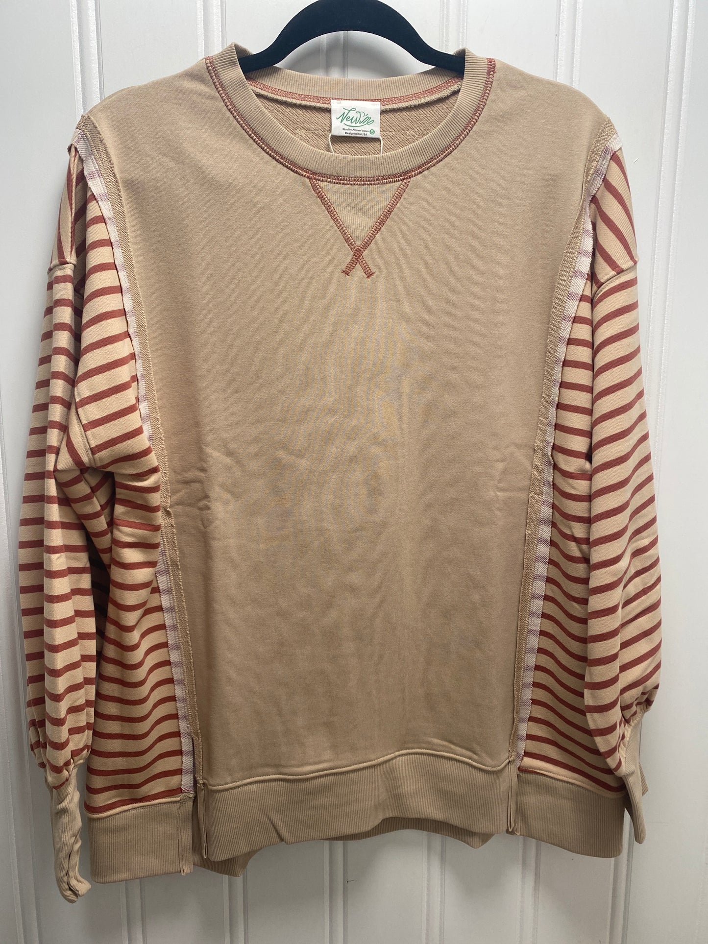 Beige Sweatshirt with Striped Sleeves