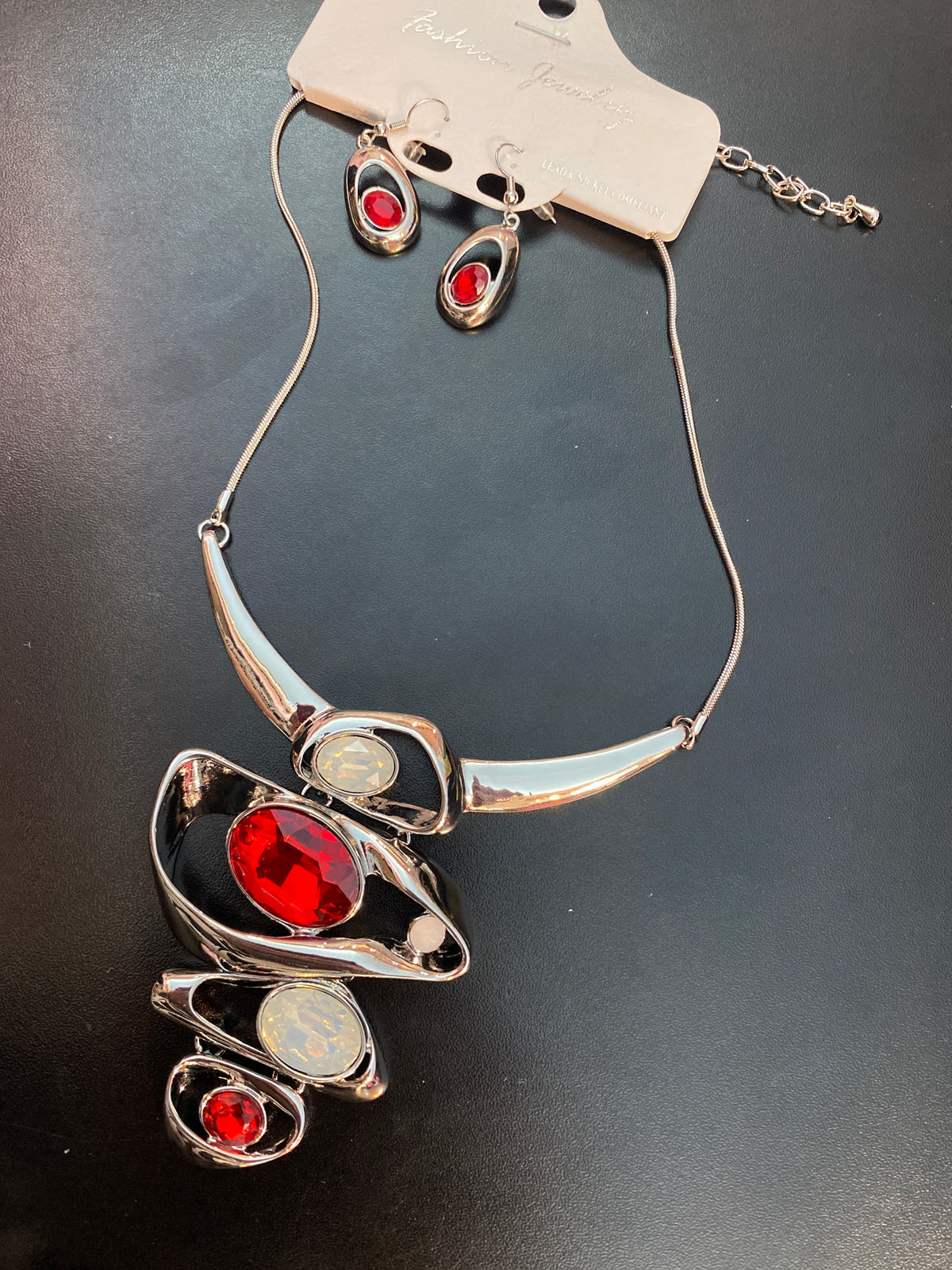 Necklace and Earrings Set Silver & Red