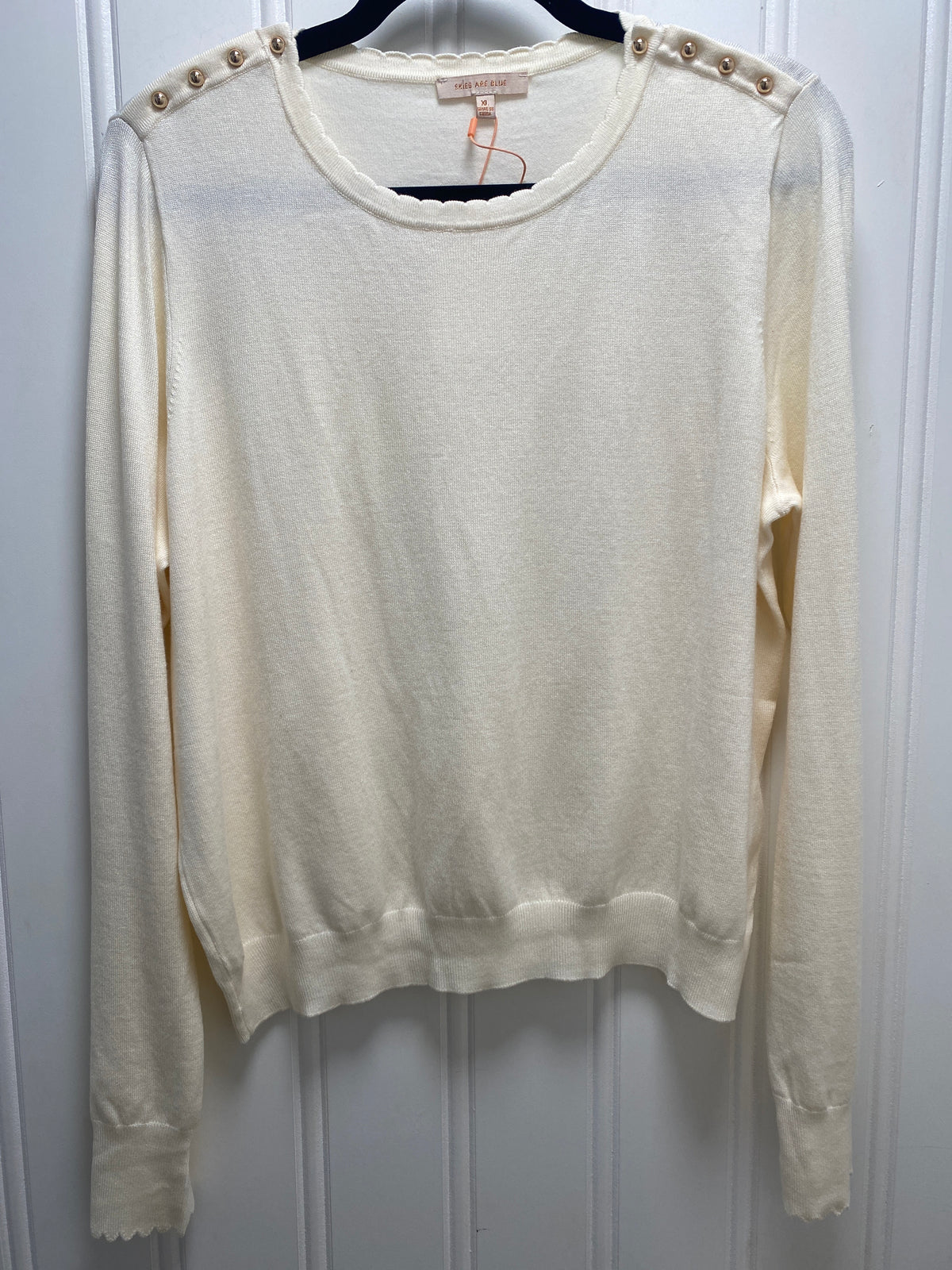 Ivory Studded Shoulder Scalloped Sleeve Sweater