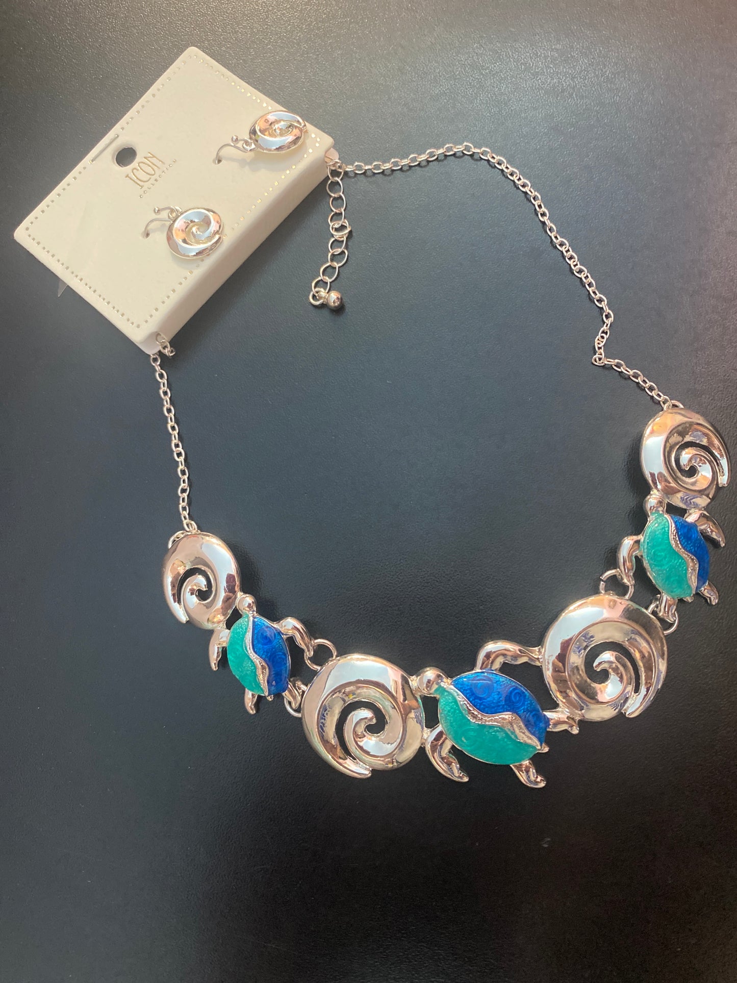 Silver, Teal & Blue Sea Turtle Earring & Necklace Set
