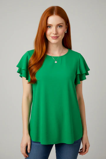 Green Ruffle-Sleeve Button-Back Blouse