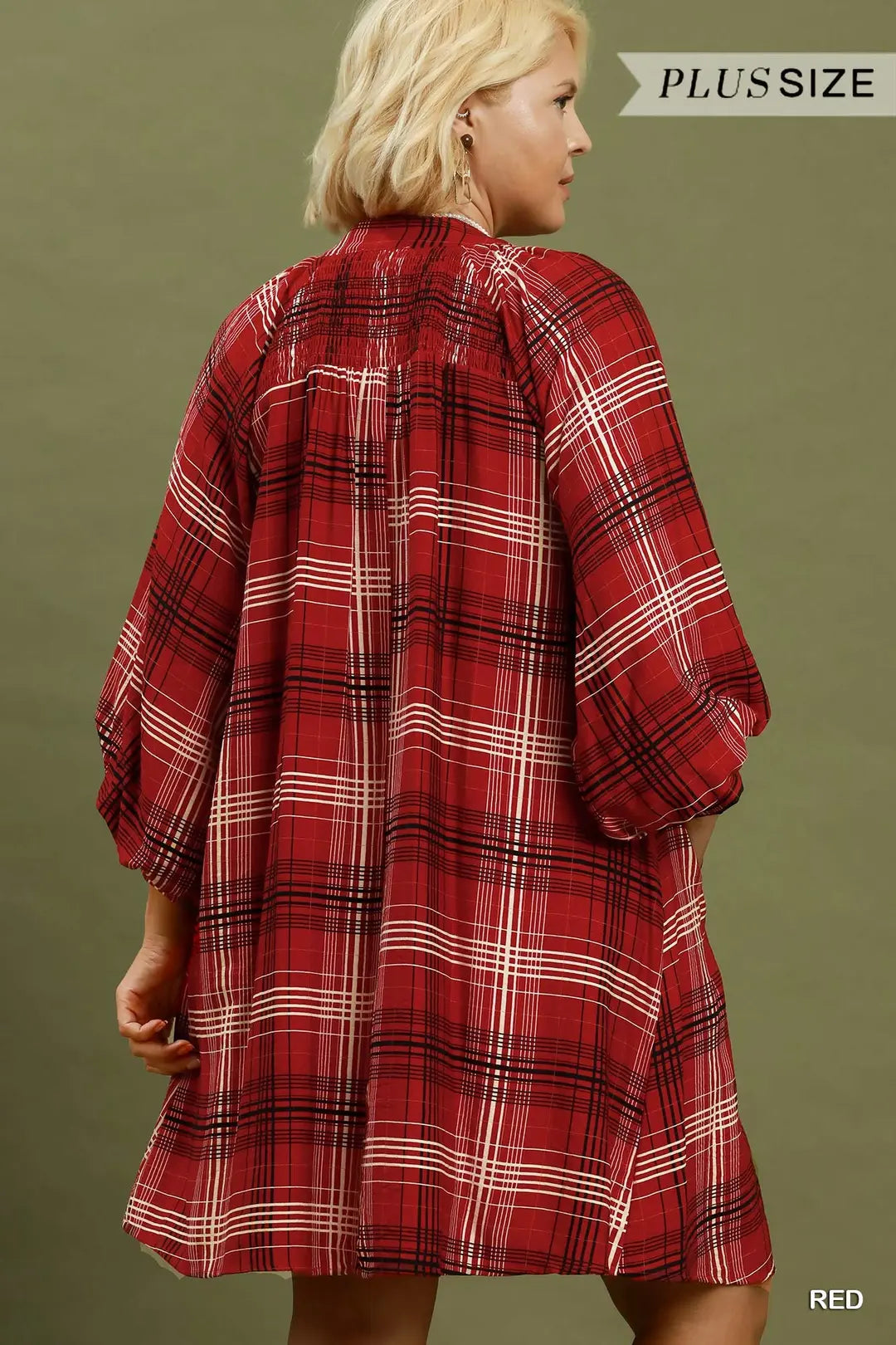 Umgee Plaid V-Neck Balloon Sleeve Shift Dress Plus