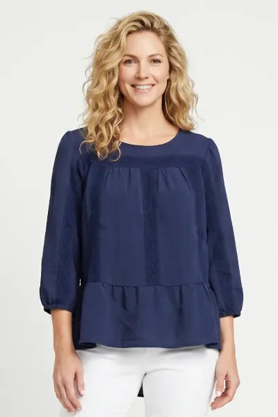 Navy Lace Trim Air Flow Blouse