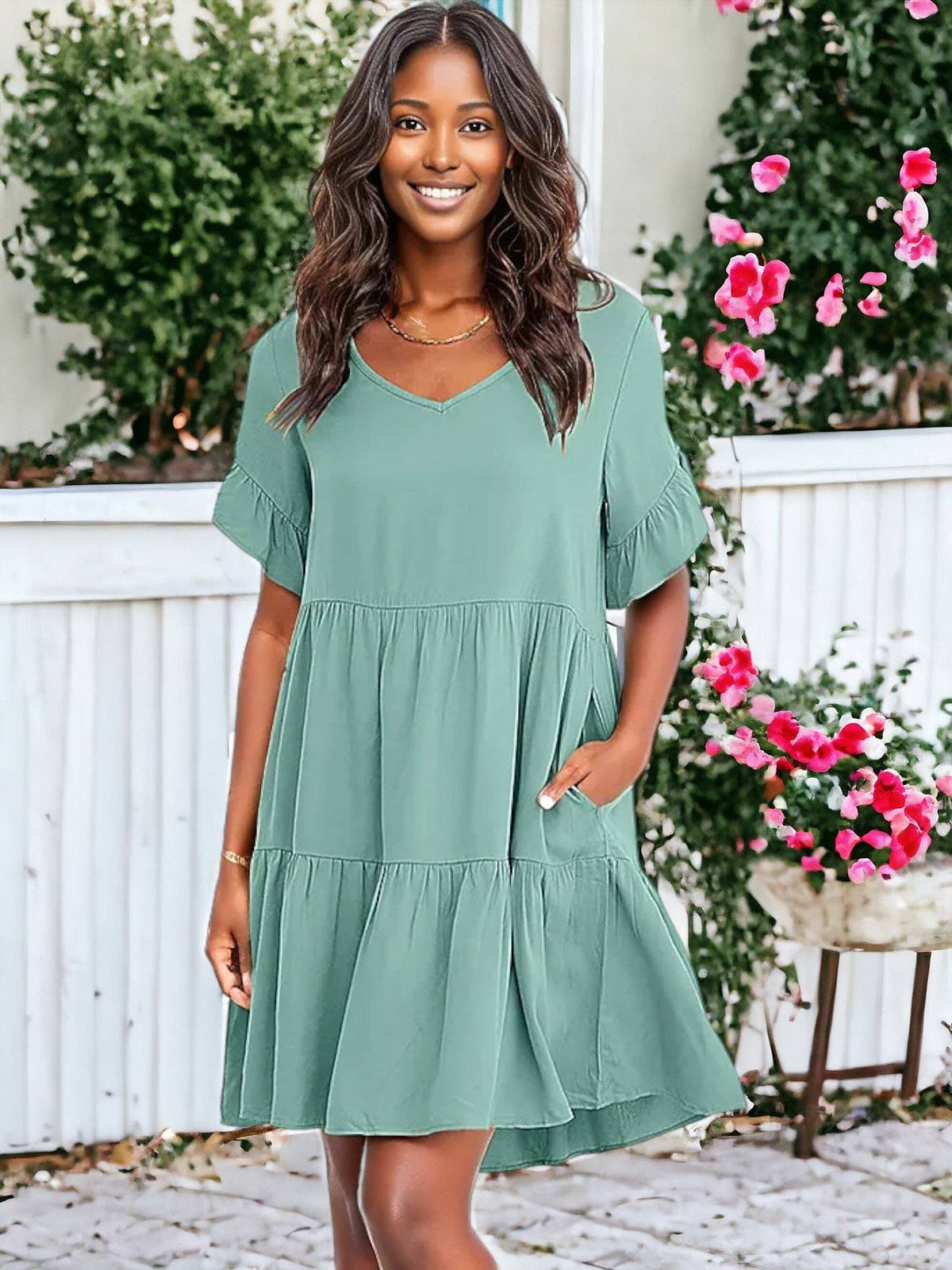 Solid Color V Neck Tiered Dress: Olive Green / Small 4-6