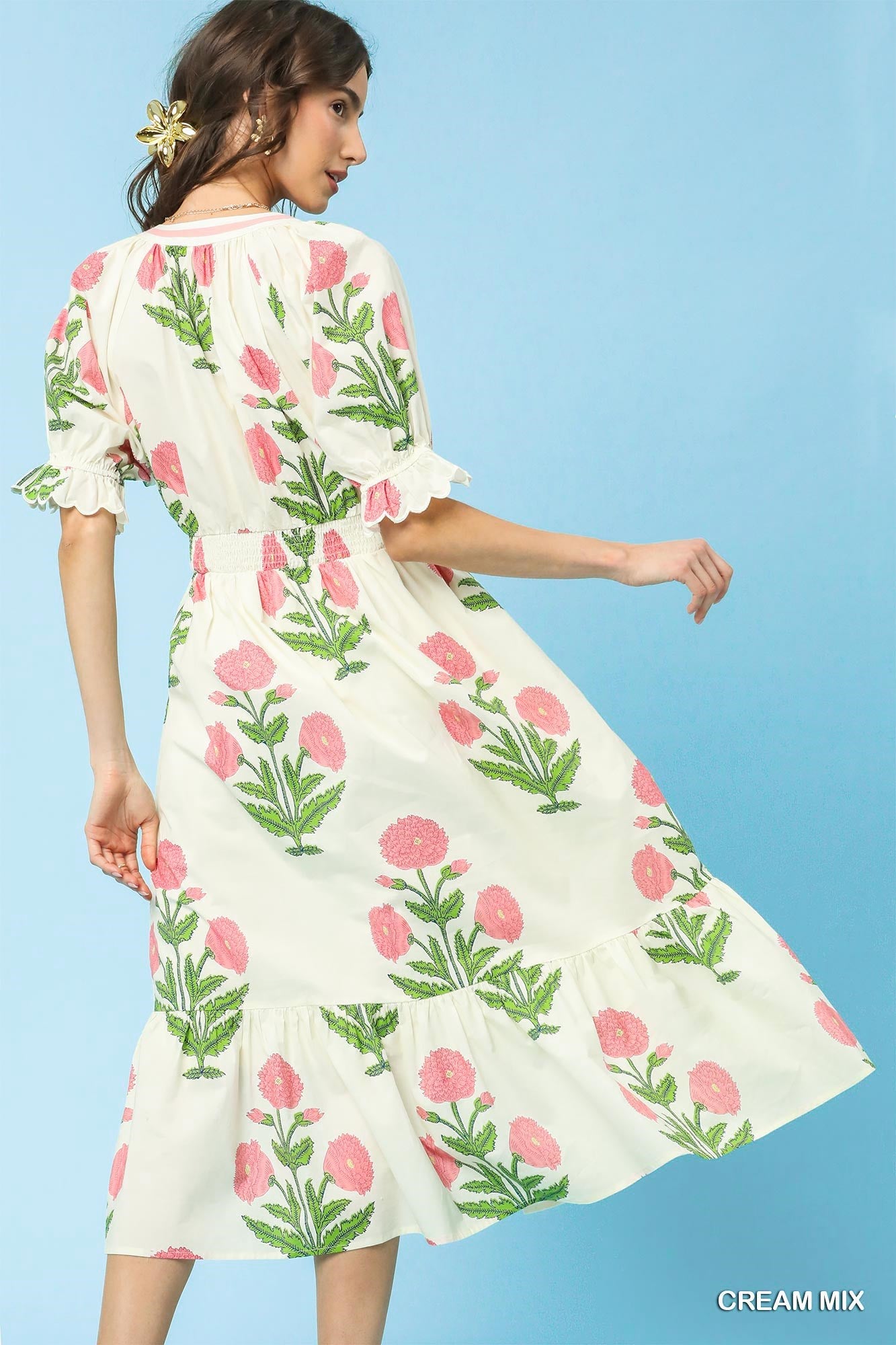 Floral Smocked Midi Dress Cream/Pink Floral