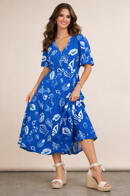Coastal Motif Print S/S V-Neck Midi Dress
