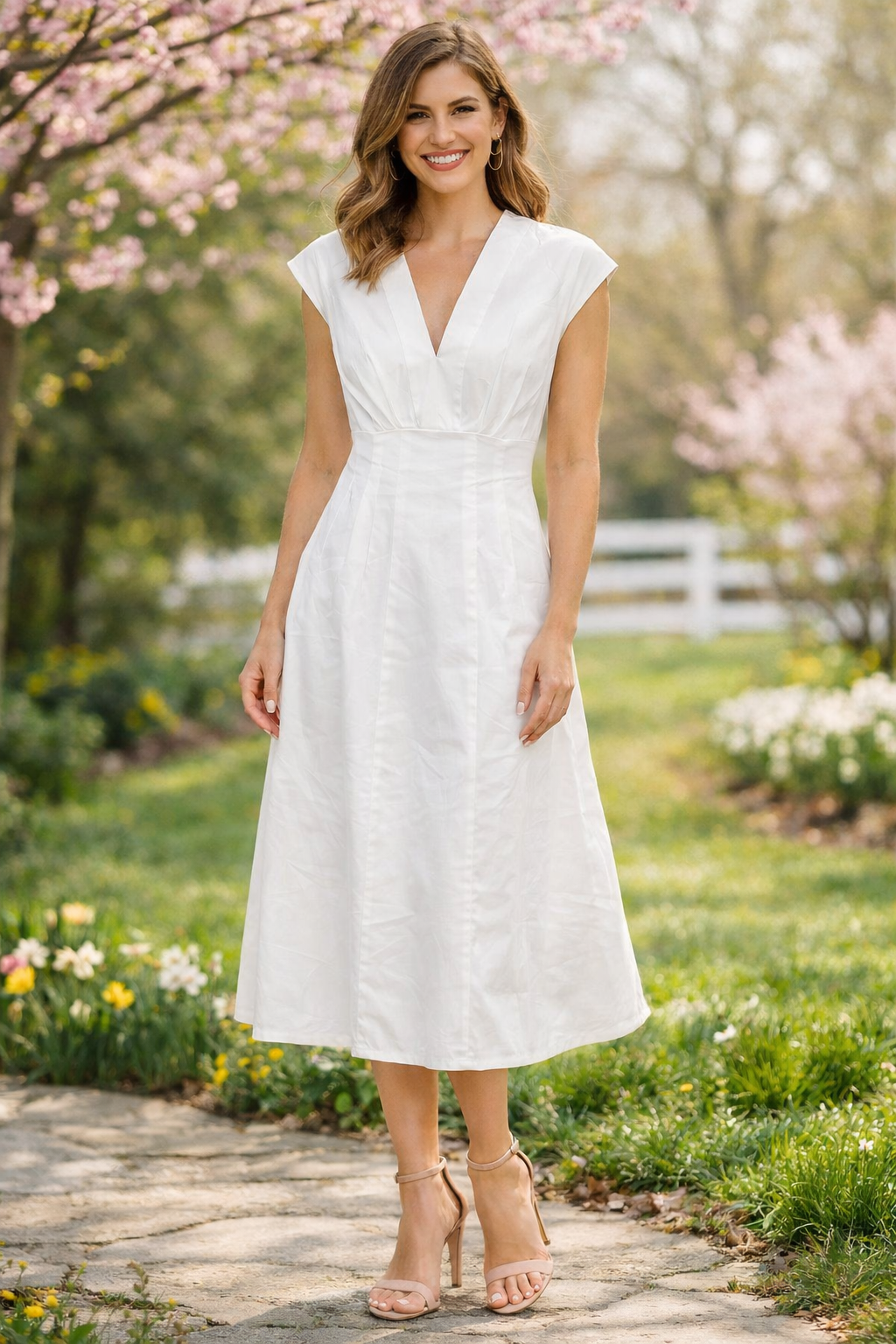 Poplin V-Neck Midi Dress