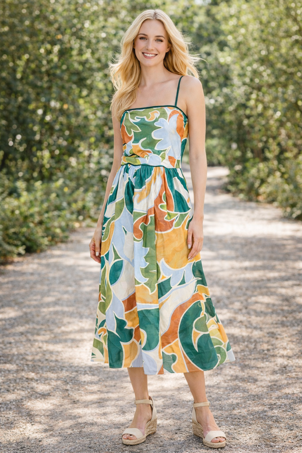 Green Poplin Abstract Print Midi Dress