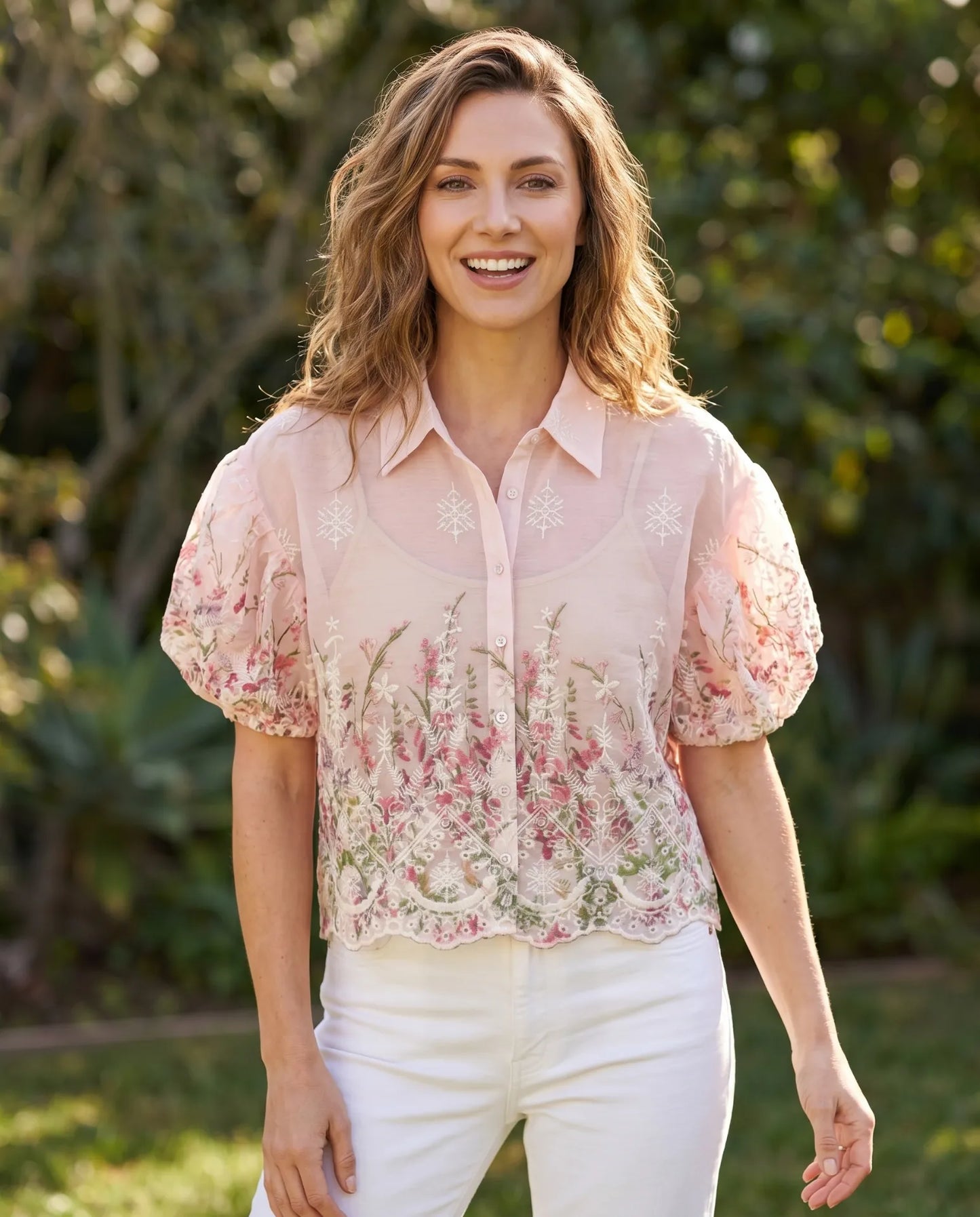 Floral Chiffon Embroidered Button Blouse