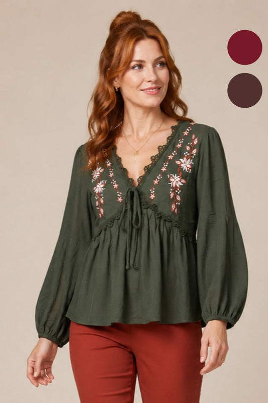 Embroidered Crochet Lace Trim Blouse