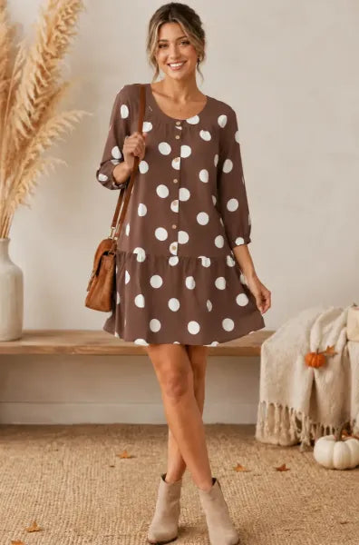 Brown Polka Dot Button Front Dress