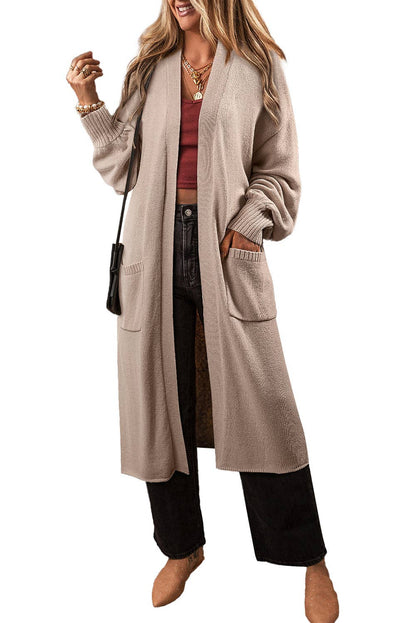 Open Front Pocketed Long Cardigan: Beige / S