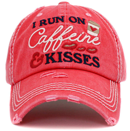 KBV1439 "I Run On Caffeine & Kisses" Washed Vintage Ballcap: Diamond Blue