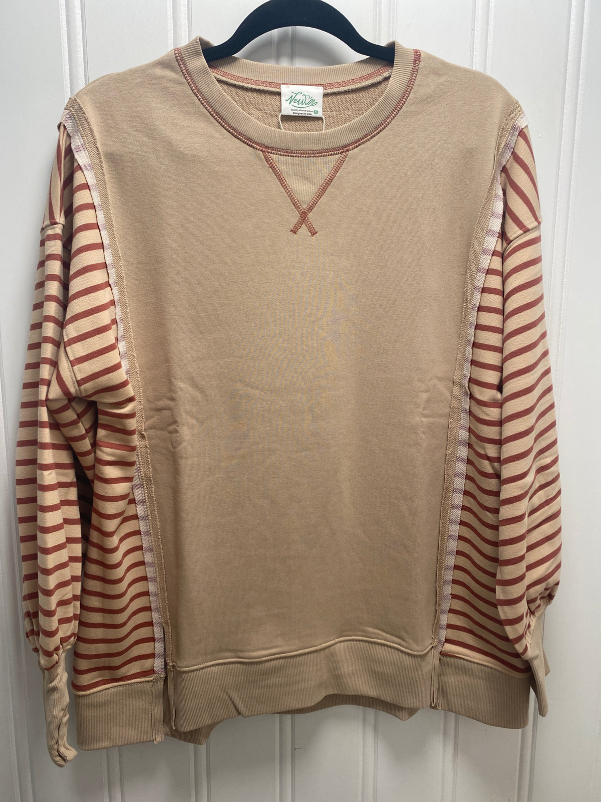 Beige Sweatshirt with Striped Sleeves