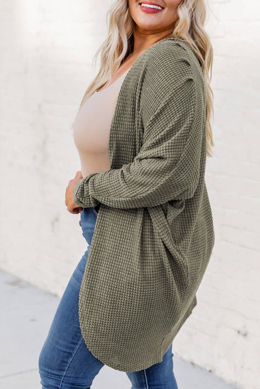 Plus Size Waffle Knit Open Front Cardigan: Seagrass / 1X