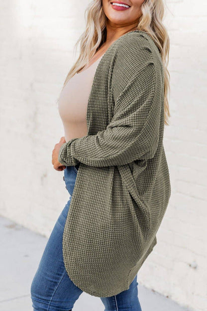 Plus Size Waffle Knit Open Front Cardigan: Seagrass / 1X