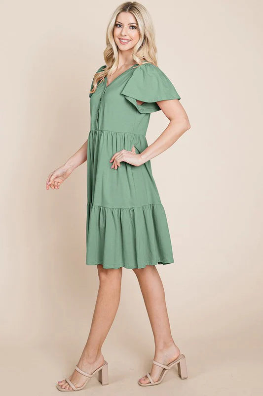 Sage VNeck Cotton Tiered Button Dress