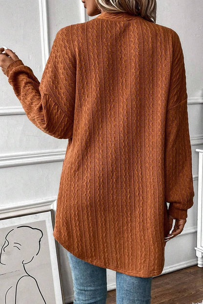 Texture Knit Open Front Cardigan: Chestnut / L