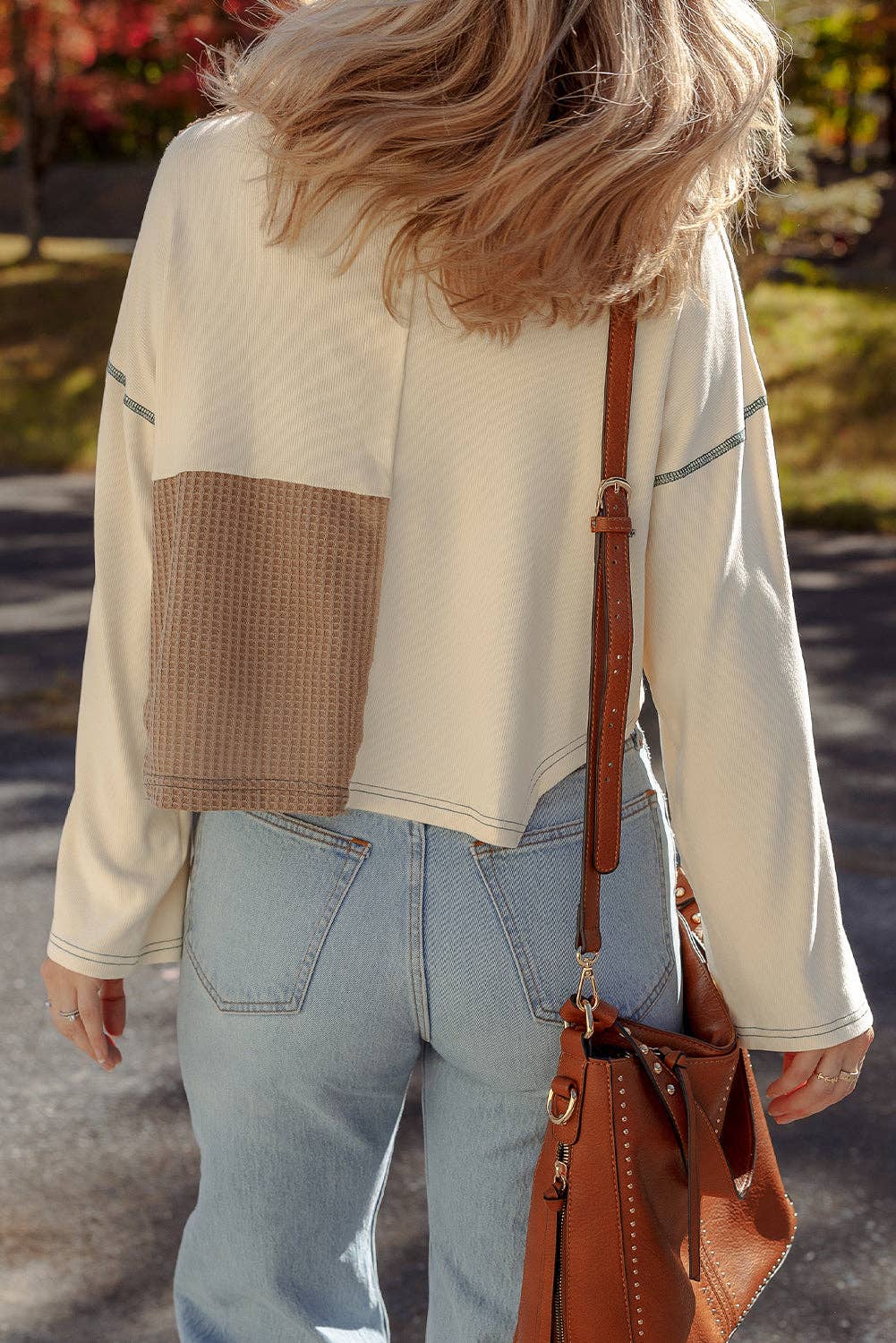 Colorblock Waffle Long Sleeve Top: Beige / XL