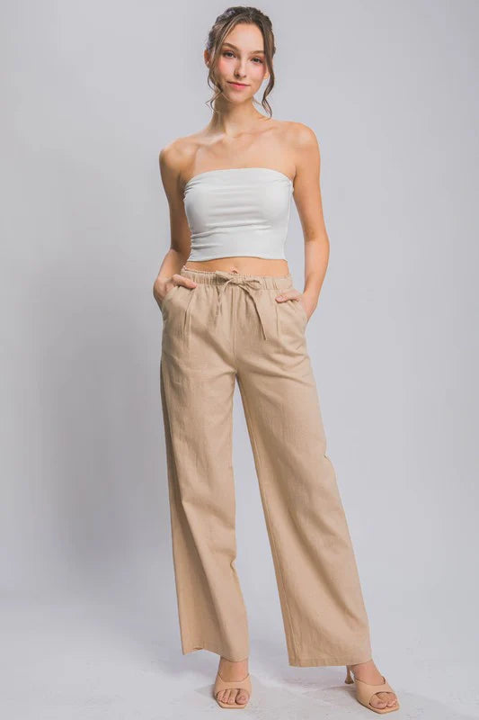 Taupe Drawstring Linen Blend Pants With Pockets