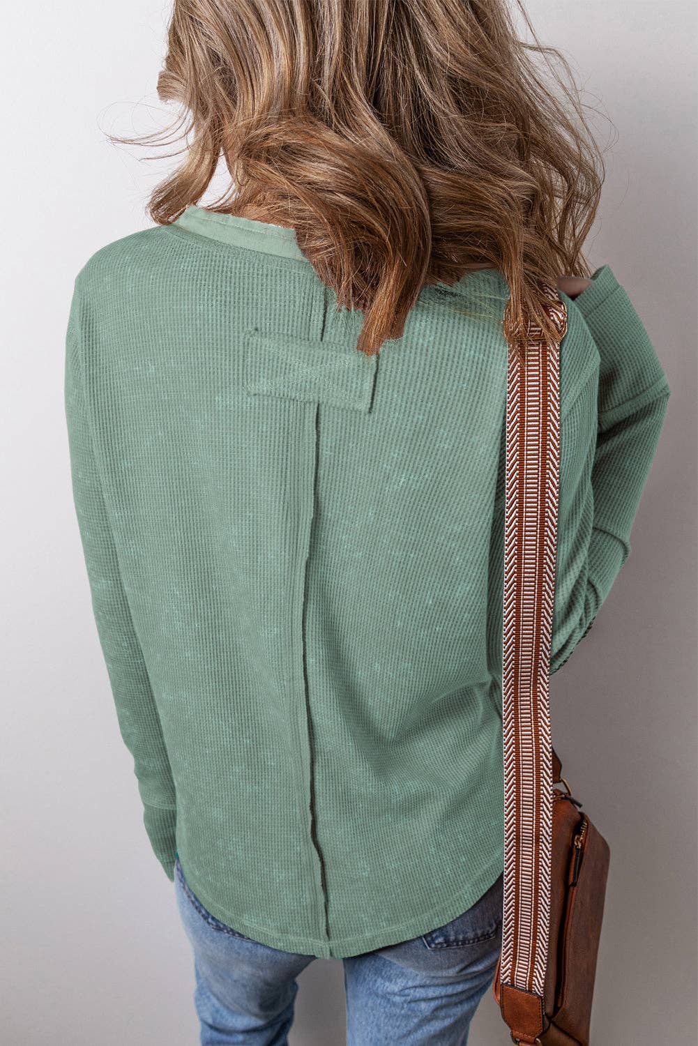 Acid Wash Waffle Long Sleeve Top: Smoke Green / M