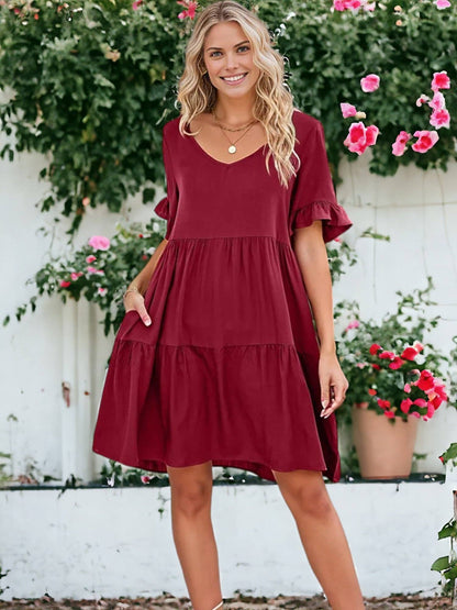 Solid Color V Neck Tiered Dress: Olive Green / Small 4-6