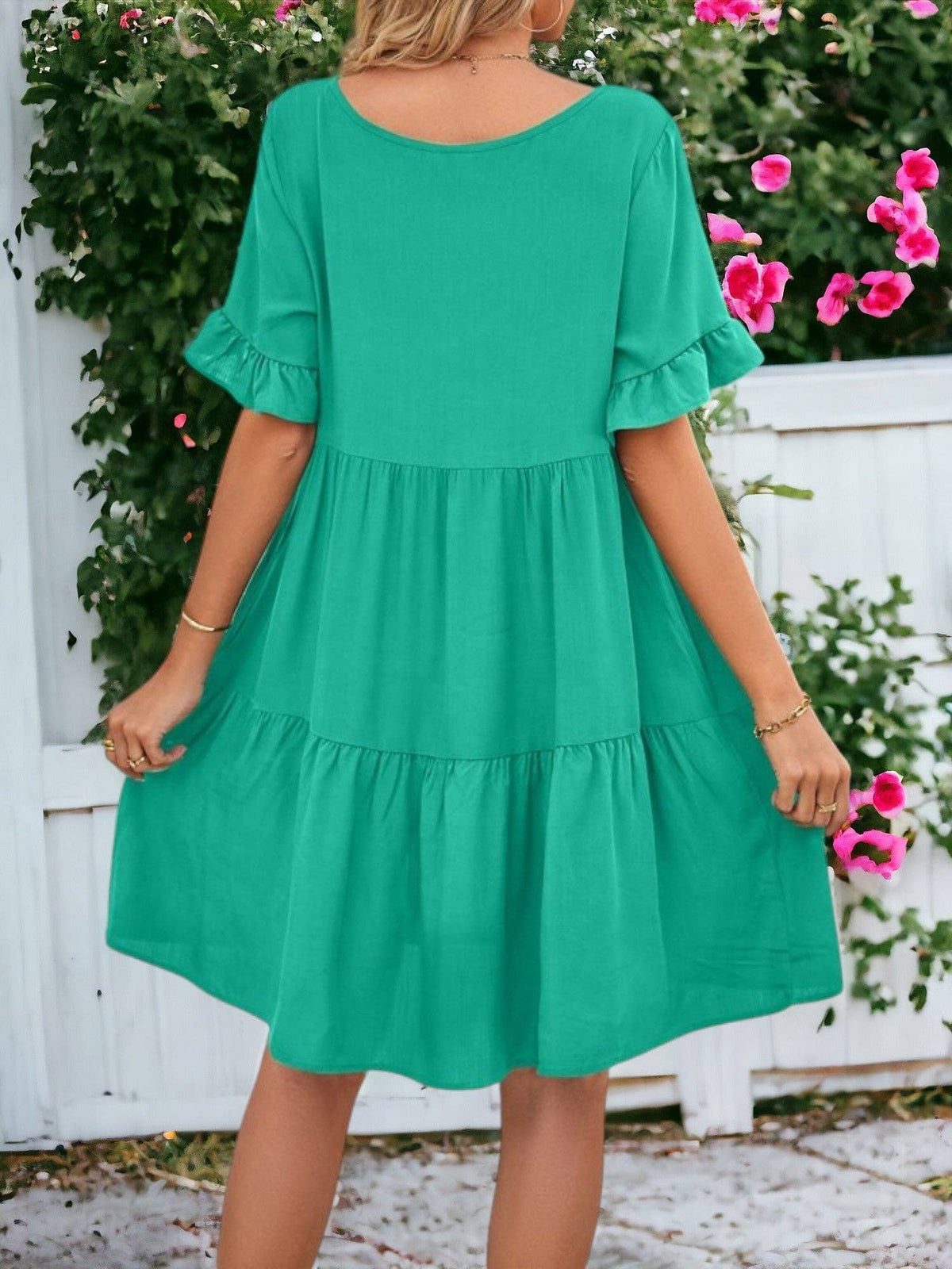 Solid Color V Neck Tiered Dress: Olive Green / Small 4-6