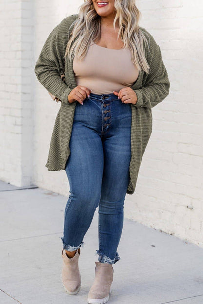 Plus Size Waffle Knit Open Front Cardigan: Seagrass / 1X