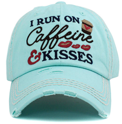 KBV1439 "I Run On Caffeine & Kisses" Washed Vintage Ballcap: Diamond Blue