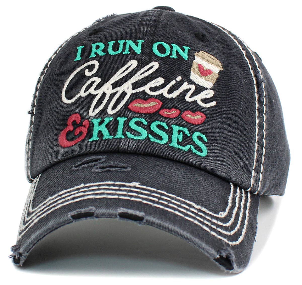 KBV1439 "I Run On Caffeine & Kisses" Washed Vintage Ballcap: Diamond Blue