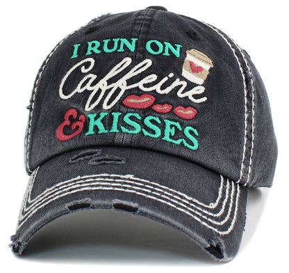 KBV1439 "I Run On Caffeine & Kisses" Washed Vintage Ballcap: Diamond Blue