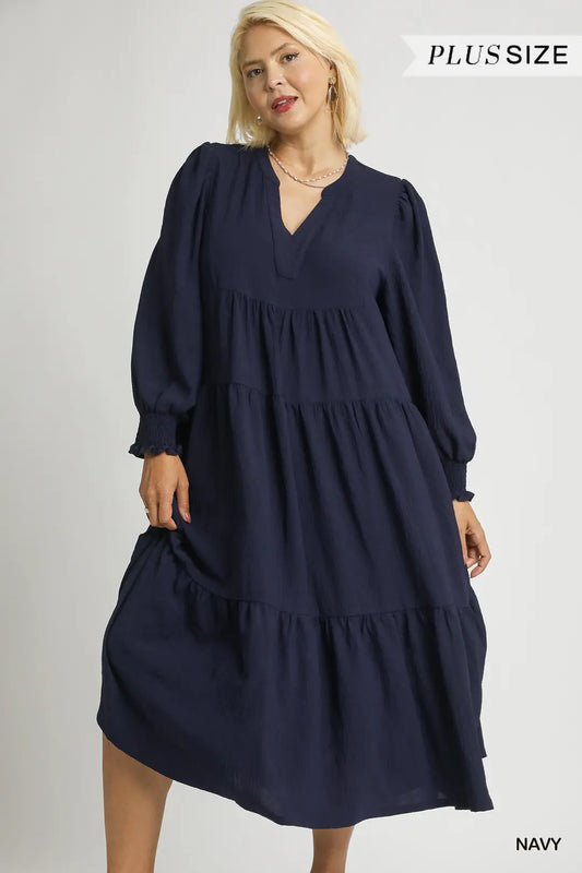 Dress Navy Midi Vneck Plus