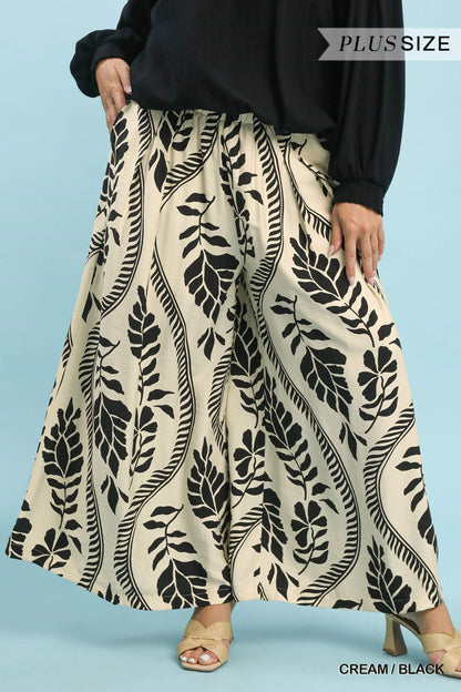 Tropical Leaf Print Wide Leg Plus Pants