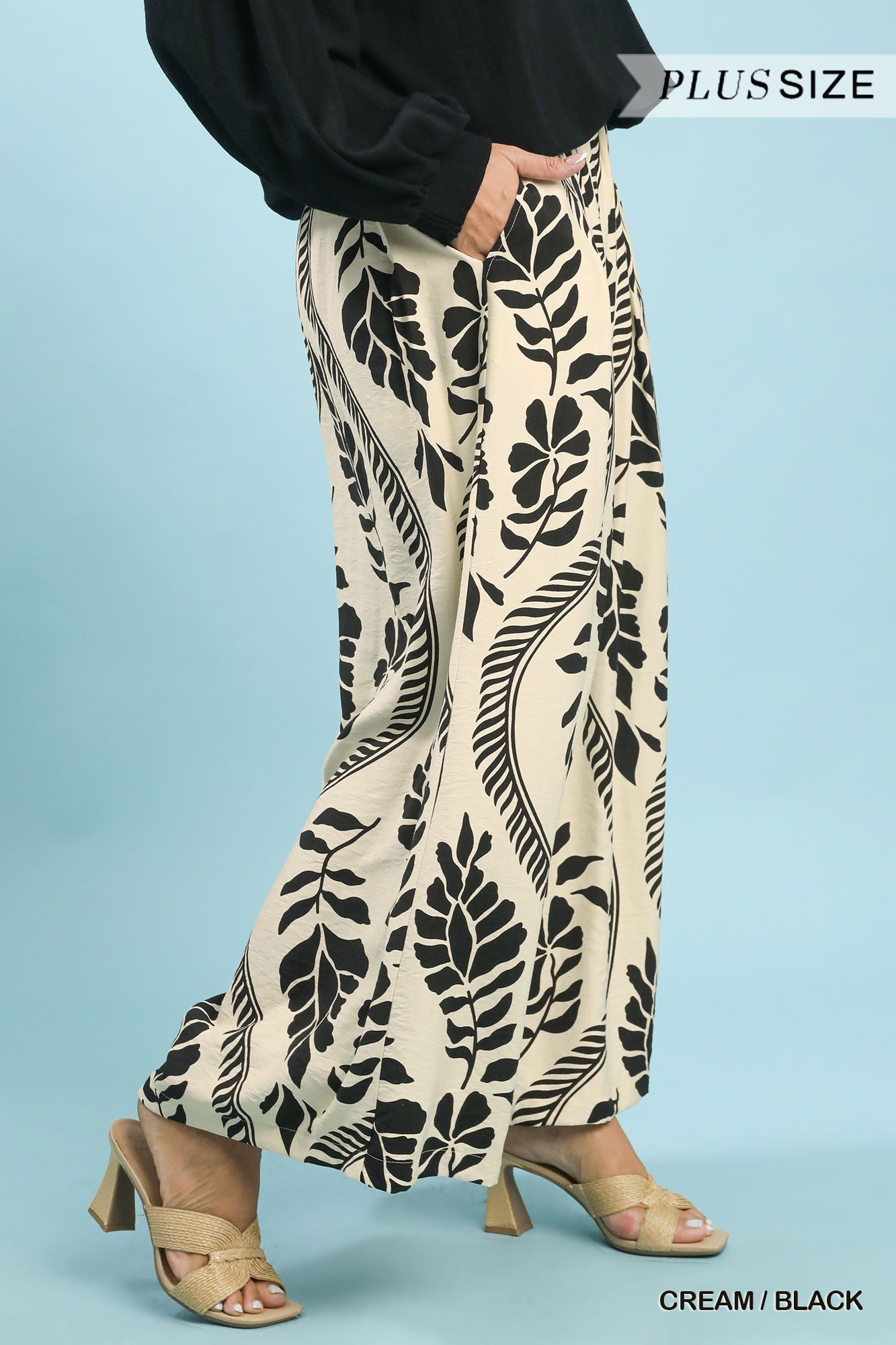Tropical Leaf Print Wide Leg Plus Pants