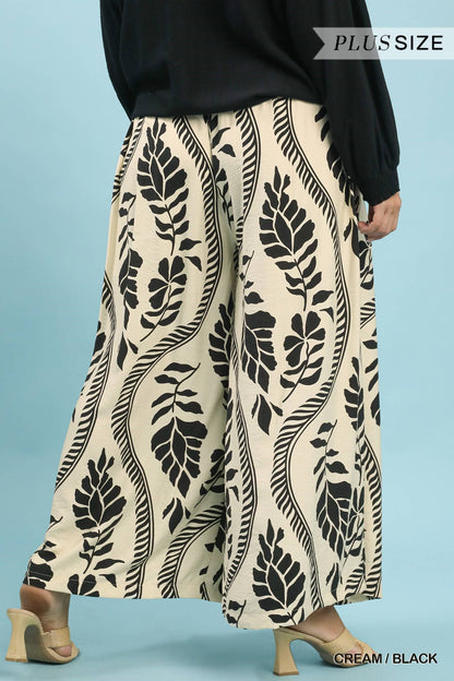 Tropical Leaf Print Wide Leg Plus Pants