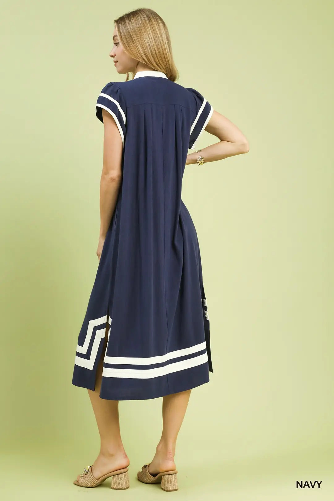 Linen Cotton Contrast Neckline Midi Dress Navy