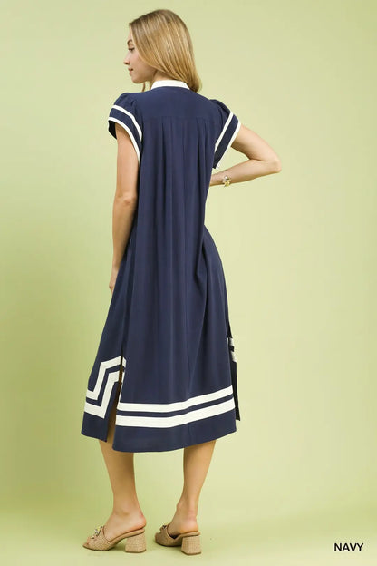 Linen Cotton Contrast Neckline Midi Dress Navy