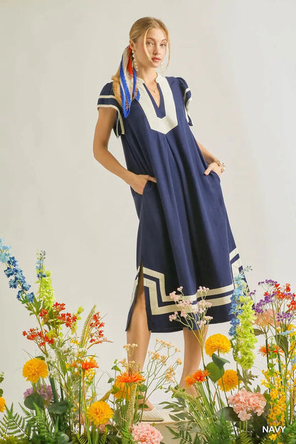 Linen Cotton Contrast Neckline Midi Dress Navy