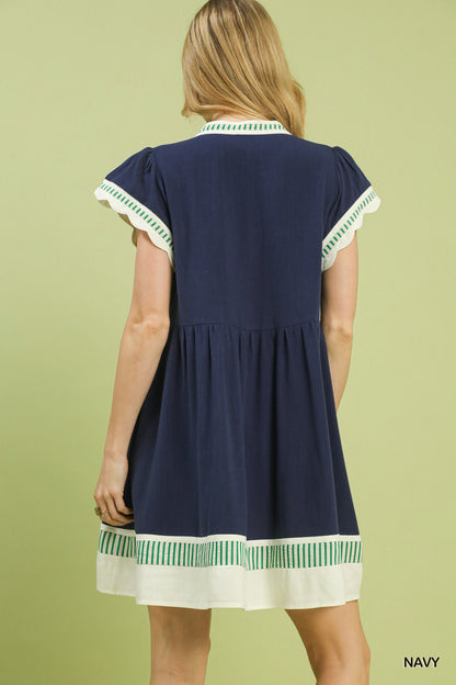Navy Linen Flutter Sleeve Dress