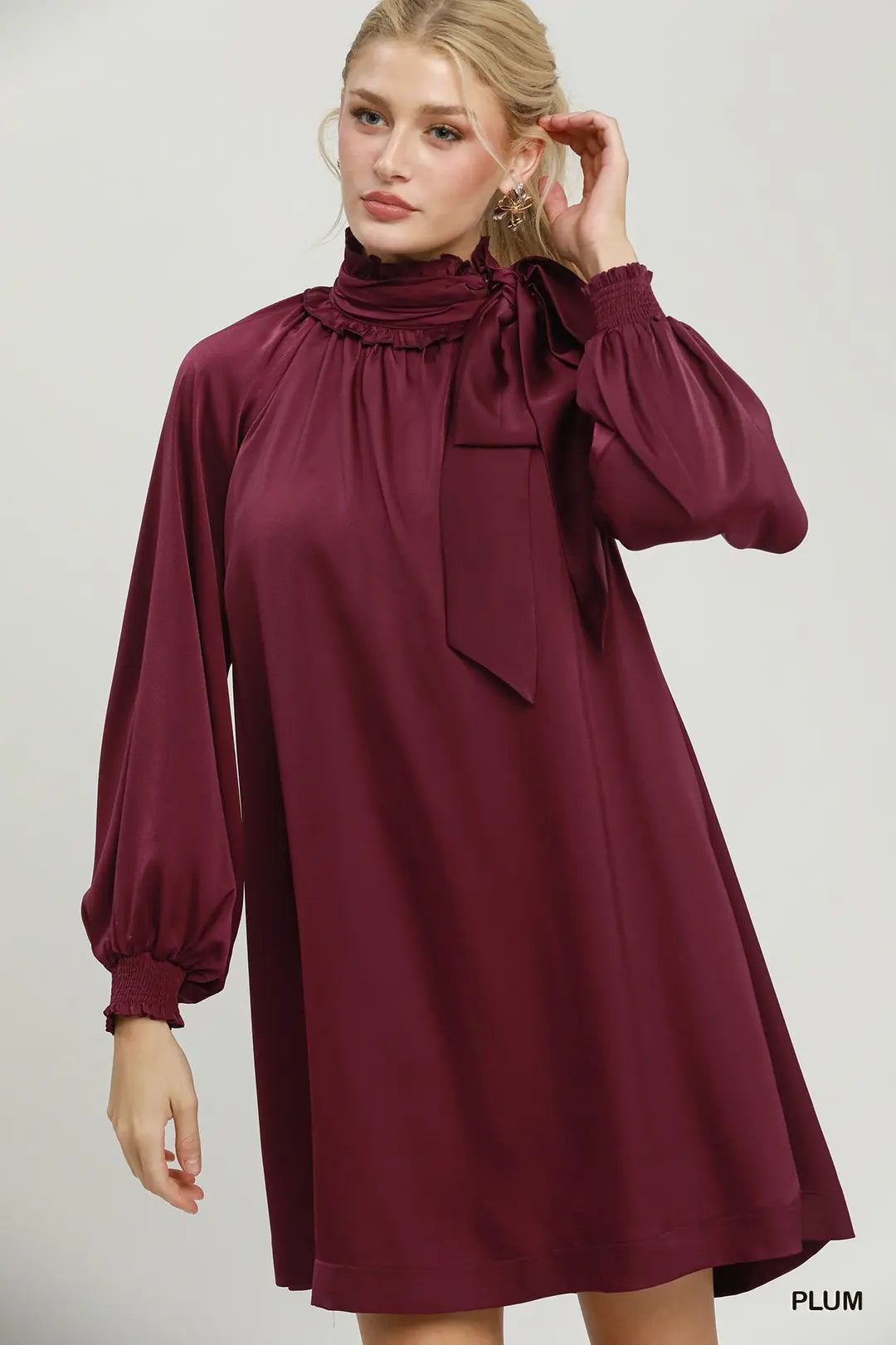 Umgee Satin Tie Neck Mini Dress