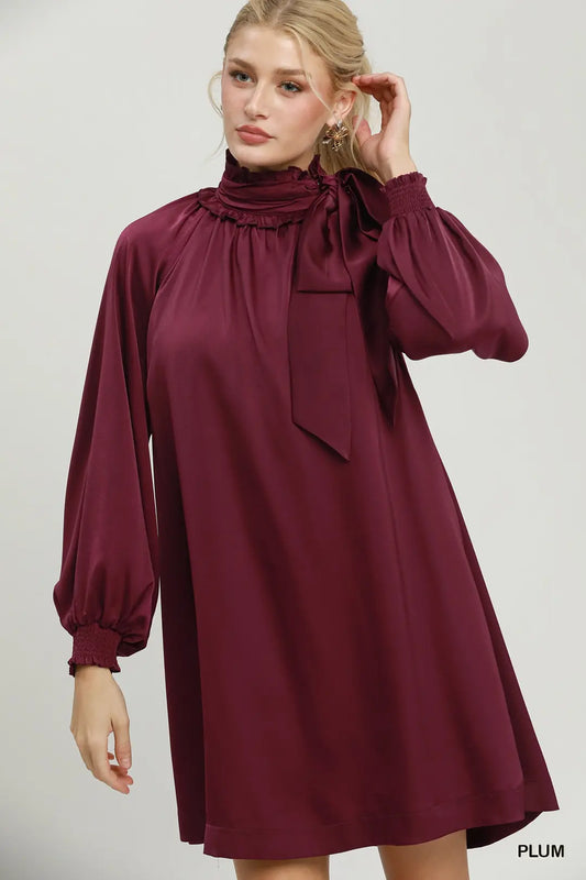 Umgee Satin Tie Neck Mini Dress
