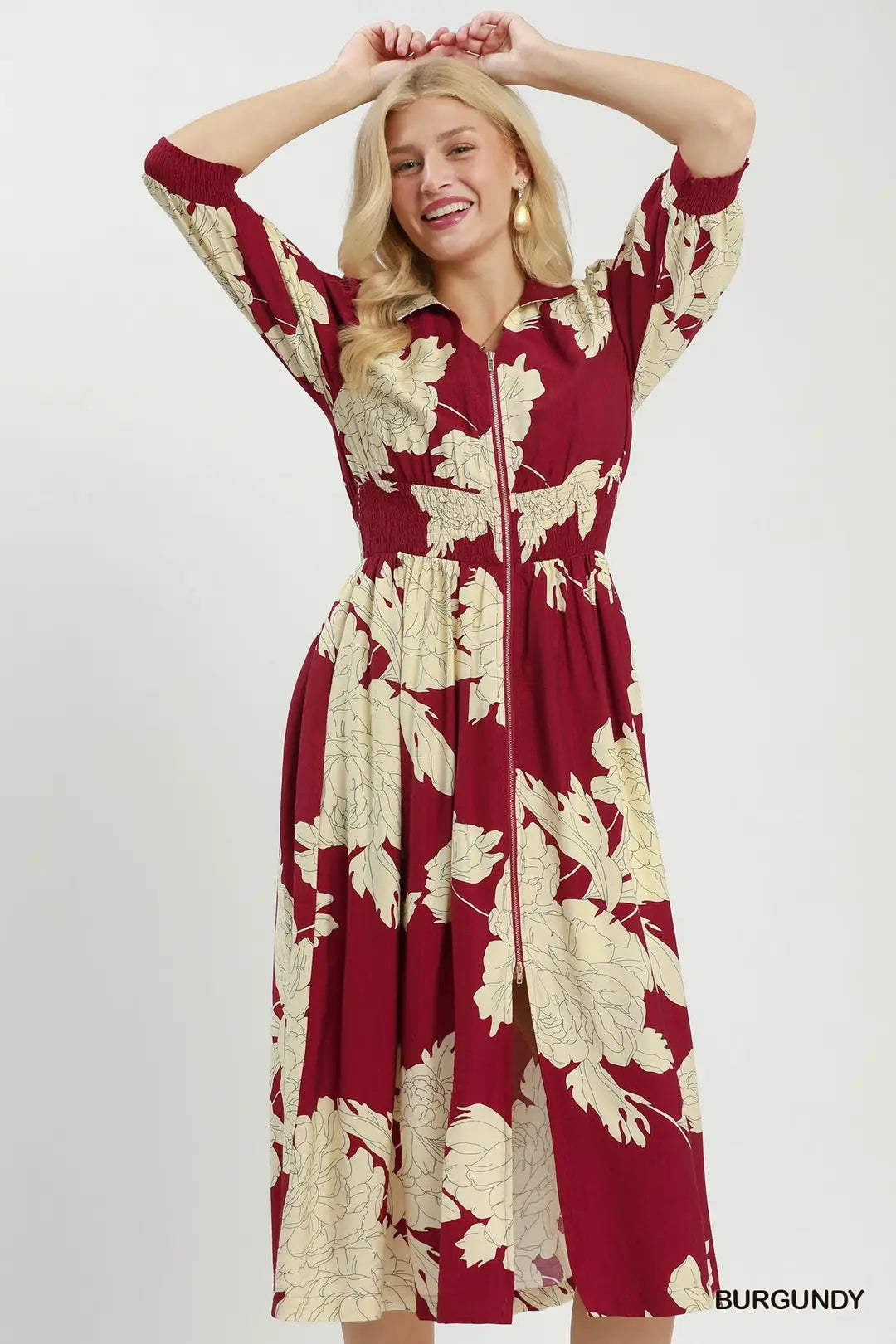Umgee Floral Print Smocked Waist Zip Front Midi Dress