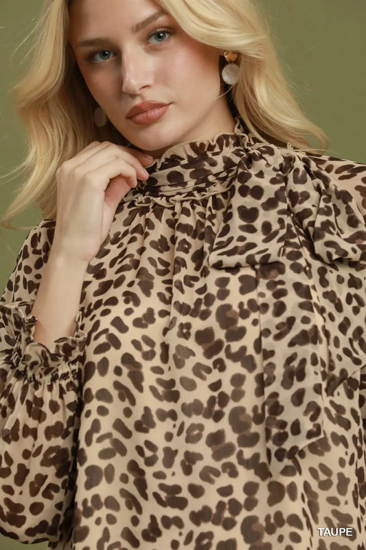 Umgee Animal Print Tie-Neck Blouse