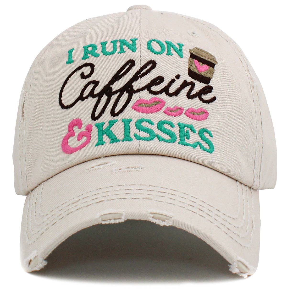 KBV1439 "I Run On Caffeine & Kisses" Washed Vintage Ballcap: Diamond Blue