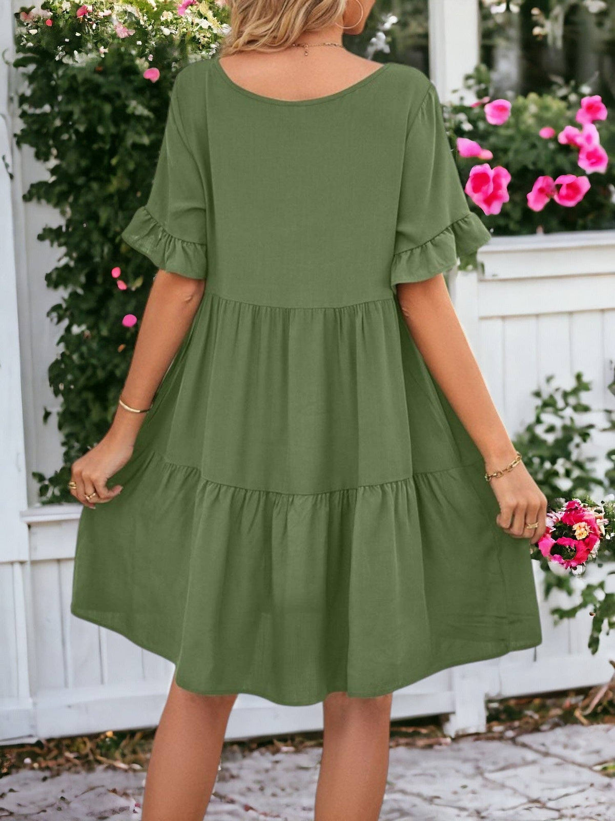 Solid Color V Neck Tiered Dress: Olive Green / Small 4-6